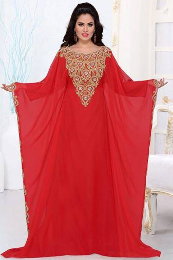 Red Zari & Stone Work Stitched Georgette Abaya