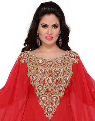 Red Zari & Stone Work Stitched Georgette Abaya 2