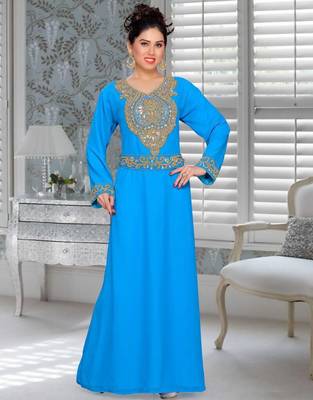 Blue Zari & Stone Work Stitched Georgette Abaya Party Dress 1