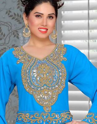 Blue Zari & Stone Work Stitched Georgette Abaya Party Dress 2
