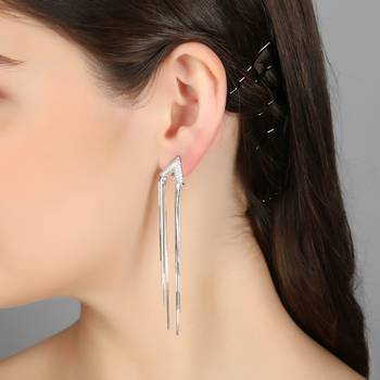 Women silver plated stone studded with silver tasselled dangle earrings 3