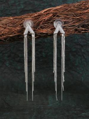 Women silver plated stone studded with silver tasselled dangle earrings 1
