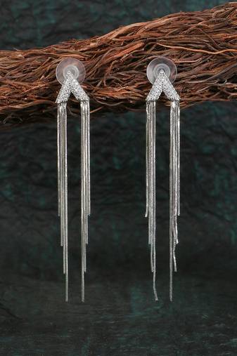 Women silver plated stone studded with silver tasselled dangle earrings