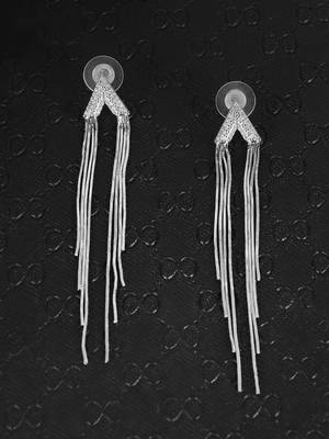 Women silver plated stone studded with silver tasselled dangle earrings 5