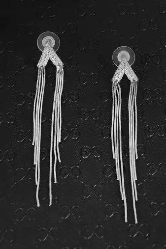 Women silver plated stone studded with silver tasselled dangle earrings