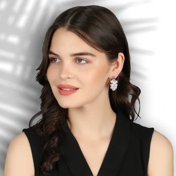 Women silver-plated cz stone pearl beaded half hoop earrings 2