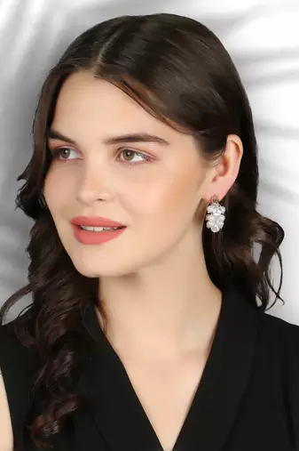 Women silver-plated cz stone pearl beaded half hoop earrings