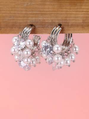 Women silver-plated cz stone pearl beaded half hoop earrings 3