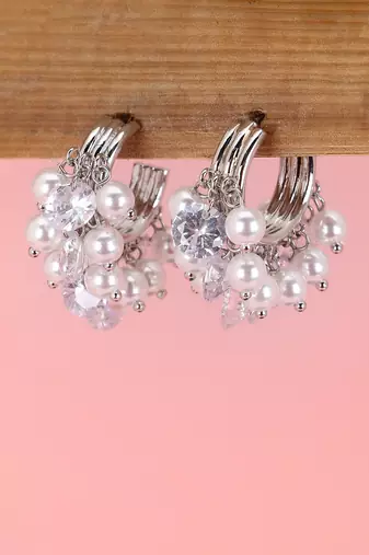 Women silver-plated cz stone pearl beaded half hoop earrings