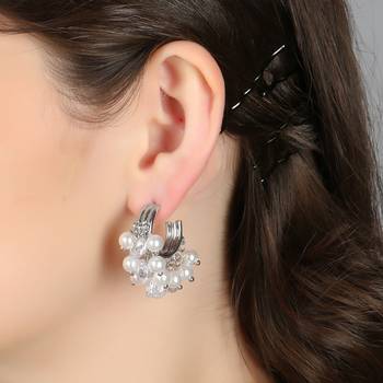Women silver-plated cz stone pearl beaded half hoop earrings 4