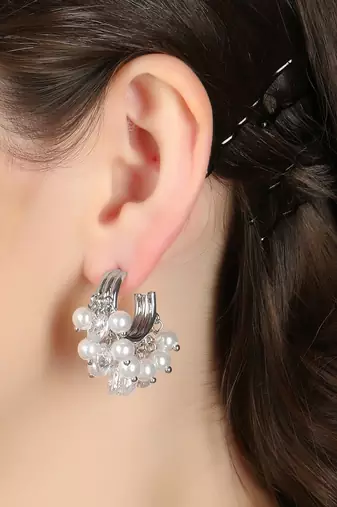 Women silver-plated cz stone pearl beaded half hoop earrings