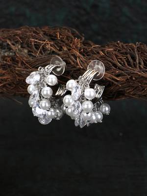 Women silver-plated cz stone pearl beaded half hoop earrings 5
