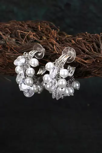 Women silver-plated cz stone pearl beaded half hoop earrings