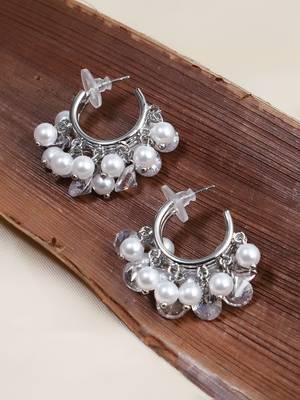 Women silver-plated cz stone pearl beaded half hoop earrings 1