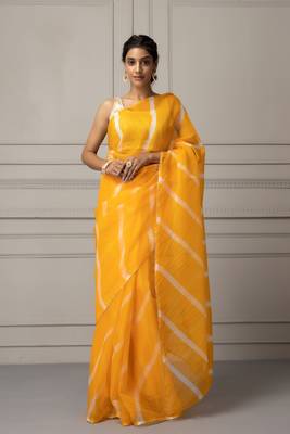   Yellow & White Leheriya Organza Leheriya Saree 1