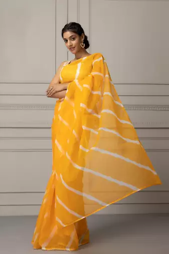   Yellow & White Leheriya Organza Leheriya Saree