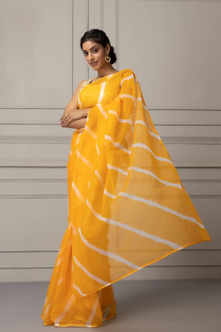 Geroo Jaipur Yellow & White Leheriya Organza Leheriya Saree