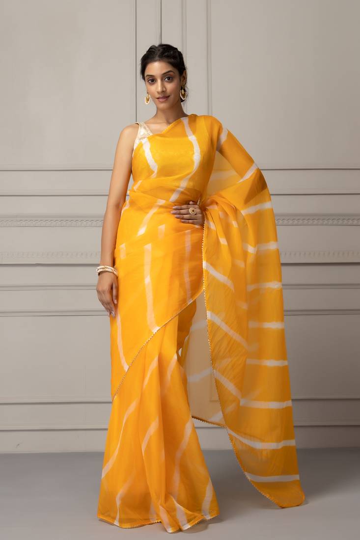 Geroo Jaipur Yellow & White Leheriya Organza Leheriya Saree