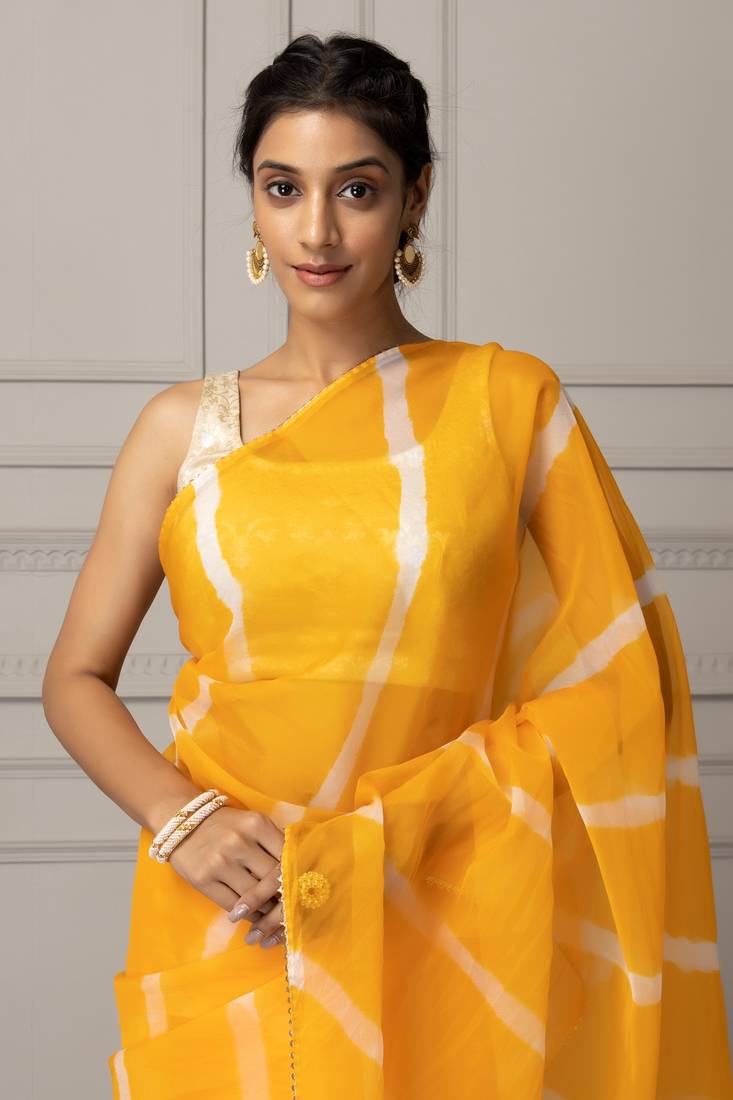 Geroo Jaipur Yellow & White Leheriya Organza Leheriya Saree