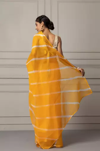   Yellow & White Leheriya Organza Leheriya Saree