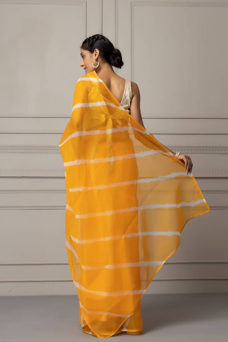 Geroo Jaipur Yellow & White Leheriya Organza Leheriya Saree