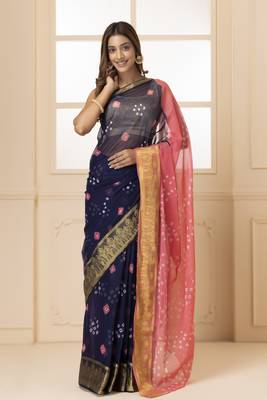 Geroo Jaipur Navy Blue & Pink Bandhani Zari Bandhani Saree 1