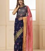 Geroo Jaipur Navy Blue & Pink Bandhani Zari Bandhani Saree