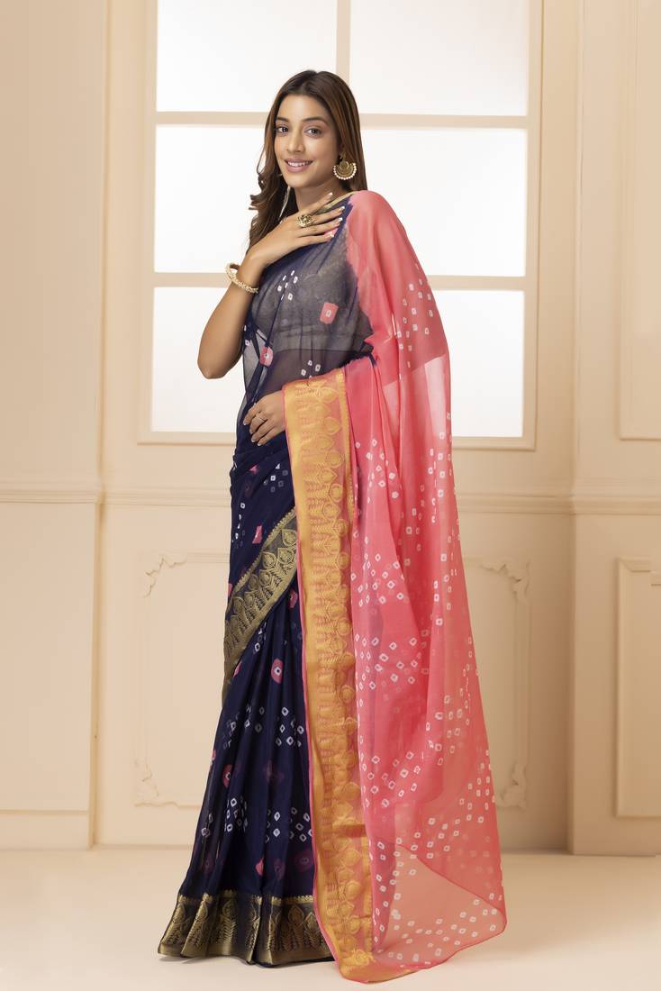 Geroo Jaipur Navy Blue & Pink Bandhani Zari Bandhani Saree