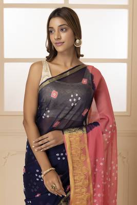 Geroo Jaipur Navy Blue & Pink Bandhani Zari Bandhani Saree 3