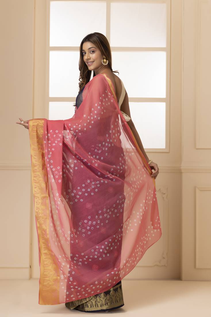 Geroo Jaipur Navy Blue & Pink Bandhani Zari Bandhani Saree