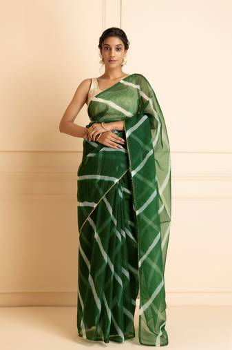 Geroo Jaipur Green & White Leheriya Gotta Patti Organza Saree