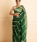 Geroo Jaipur Green & White Leheriya Gotta Patti Organza Saree