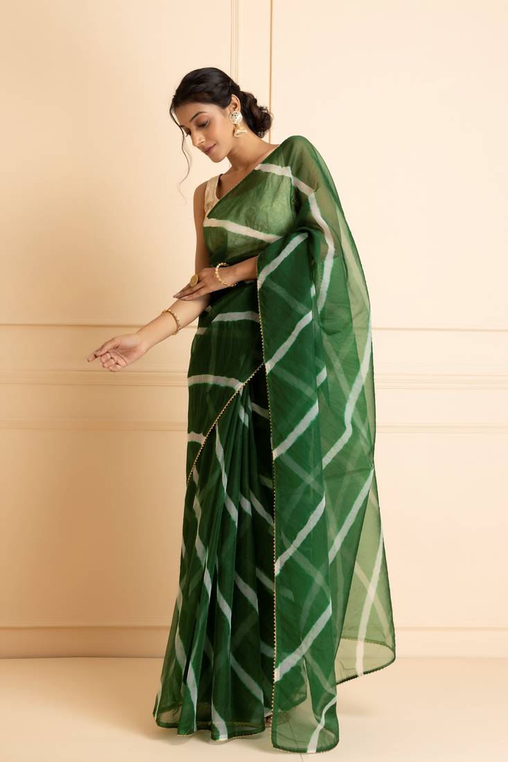 Geroo Jaipur Green & White Leheriya Gotta Patti Organza Saree