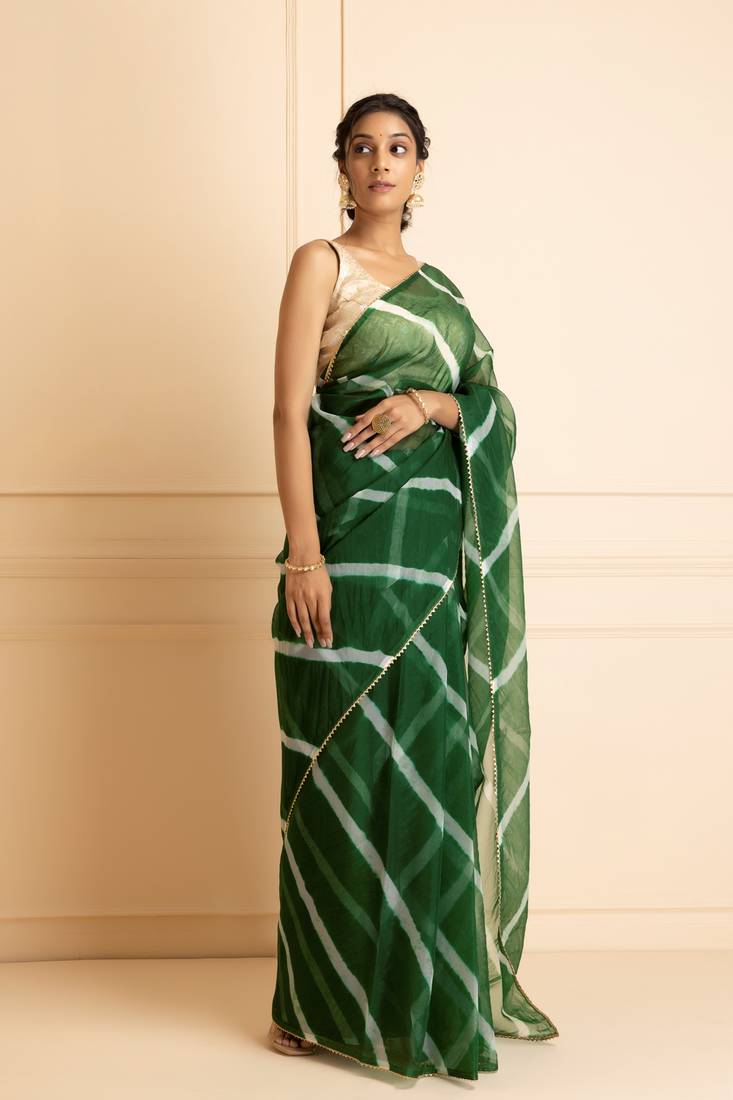Geroo Jaipur Green & White Leheriya Gotta Patti Organza Saree