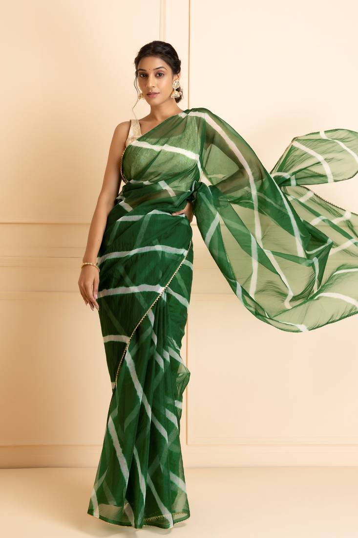 Geroo Jaipur Green & White Leheriya Gotta Patti Organza Saree