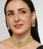 Elegant silver plated ad necklace choker jewellery set with yellow glass stones brass for women & girls