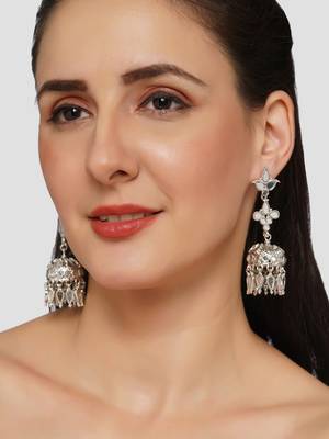 Minimal look mirror studded drop earrings with small jhumkis copper silver plated for women & girls 1