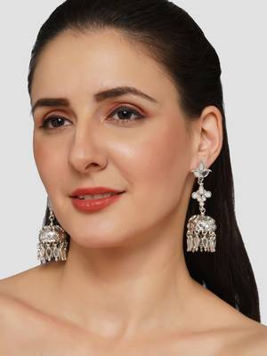 Minimal look mirror studded drop earrings with small jhumkis copper silver plated for women & girls 2