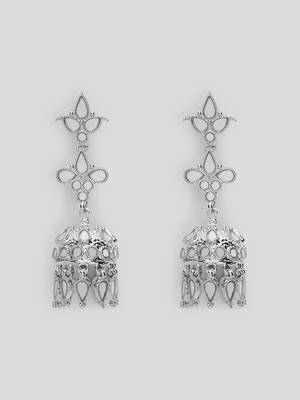 Minimal look mirror studded drop earrings with small jhumkis copper silver plated for women & girls 3