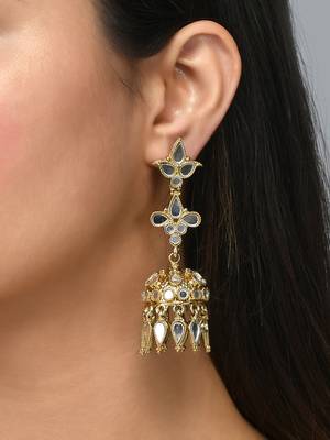 Minimal look mirror studded drop earrings with small jhumkis copper gold plated for women & girls 1