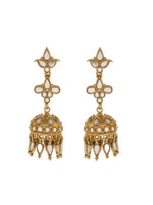Minimal look mirror studded drop earrings with small jhumkis copper gold plated for women & girls 3