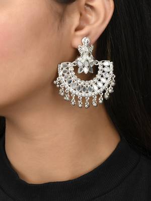 Lakshmi design mirror studded chandbali earrings copper silver plated for women & girls 1