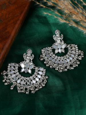 Lakshmi design mirror studded chandbali earrings copper silver plated for women & girls 2