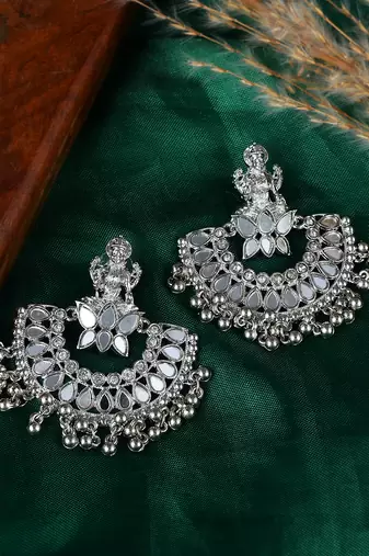 Lakshmi design mirror studded chandbali earrings copper silver plated for women & girls