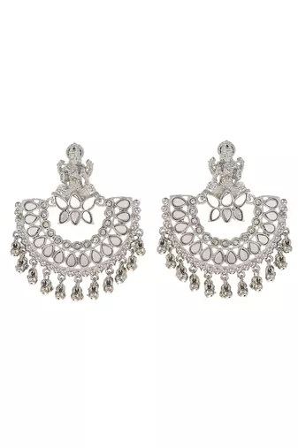 Lakshmi design mirror studded chandbali earrings copper silver plated for women & girls