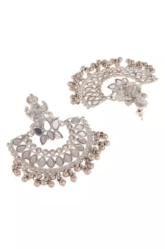 Lakshmi design mirror studded chandbali earrings copper silver plated for women & girls