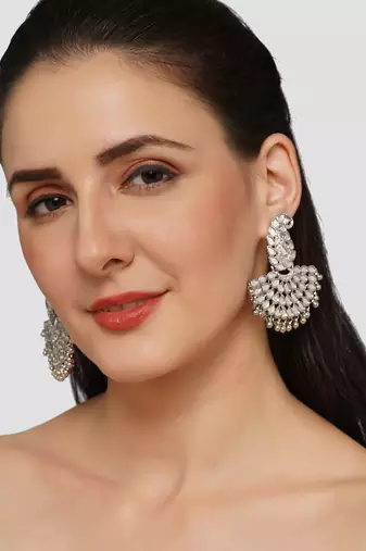 Lux design mirror studded chandbali earrings copper silver plated for women & girls