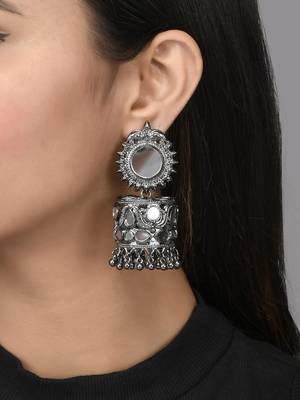 Stylish mirror studded drop jhumka earrings copper black silver plated for women & girls 1