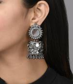 Stylish mirror studded drop jhumka earrings copper black silver plated for women & girls