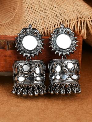 Stylish mirror studded drop jhumka earrings copper black silver plated for women & girls 2